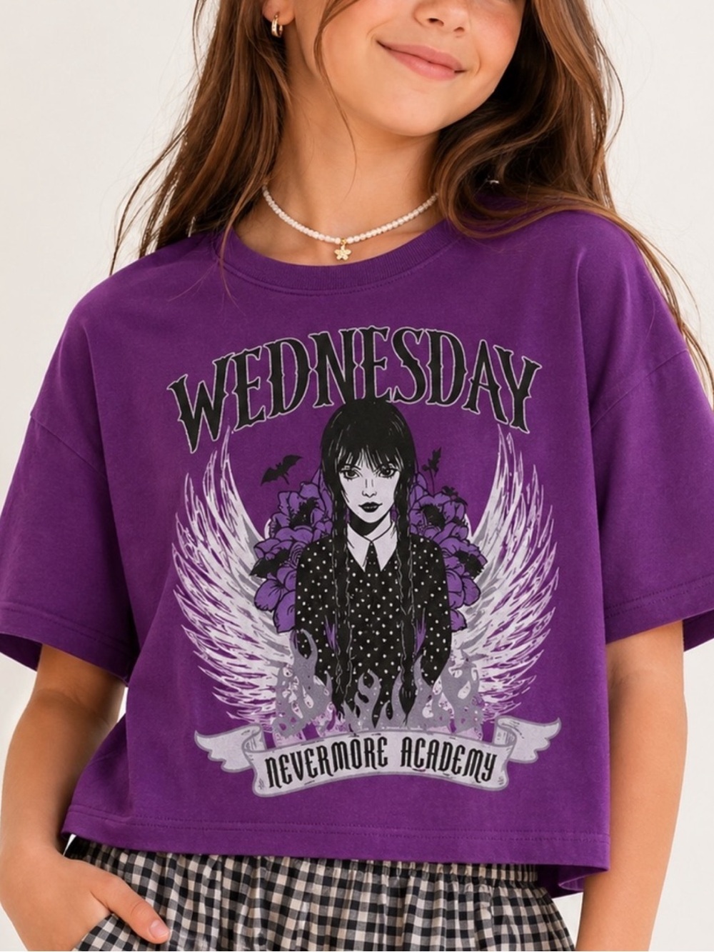 OLD NAVY NWT Wednesday Nevermore Academy Graphic Crop Tee Purple Kids Sz L 10-12